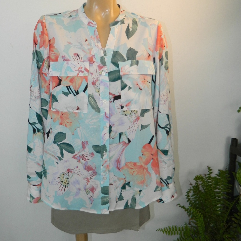 Calvin Klein Floral Blouse Women Medium Blue Pink Roll Tab Sleeve Button Up